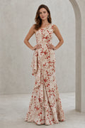 Ivory red floral one-shoulder floor-length wedding guest dress with cascading side ruffle