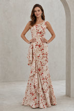 Ivory red floral one-shoulder floor-length wedding guest dress with cascading side ruffle