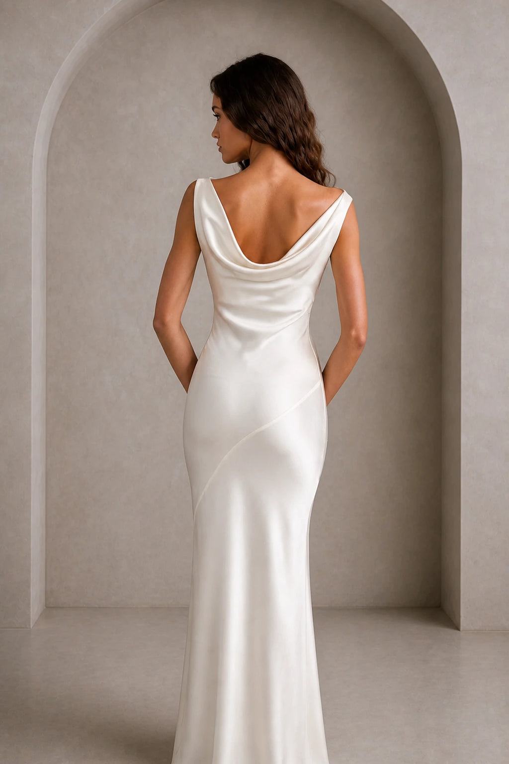 GraceProm ivory satin wedding guest dress with low draped cowl back and sleek floor length silhouette