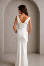 GraceProm ivory satin wedding guest dress with low draped cowl back and sleek floor length silhouette