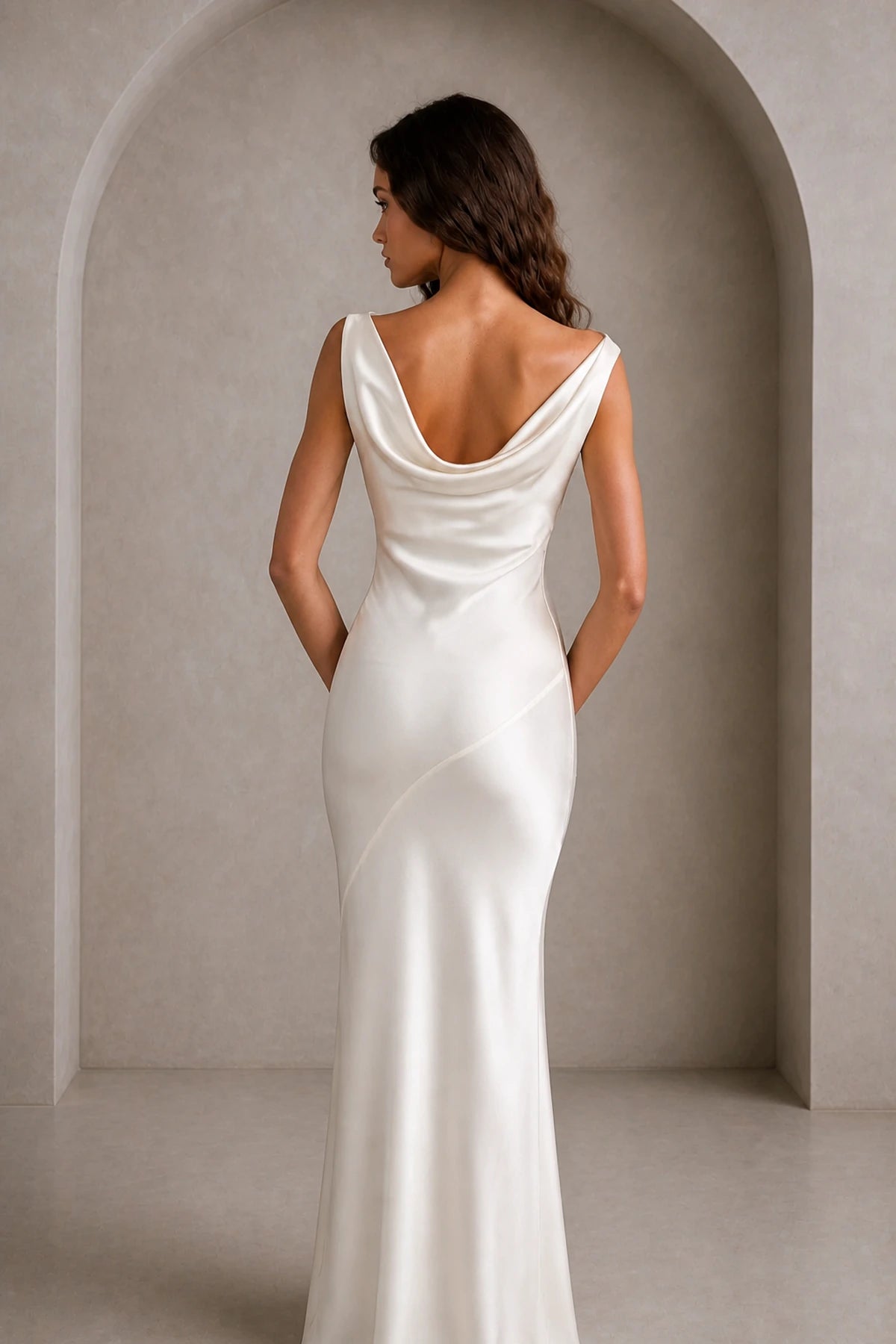 GraceProm ivory satin wedding guest dress with low draped cowl back and sleek floor length silhouette