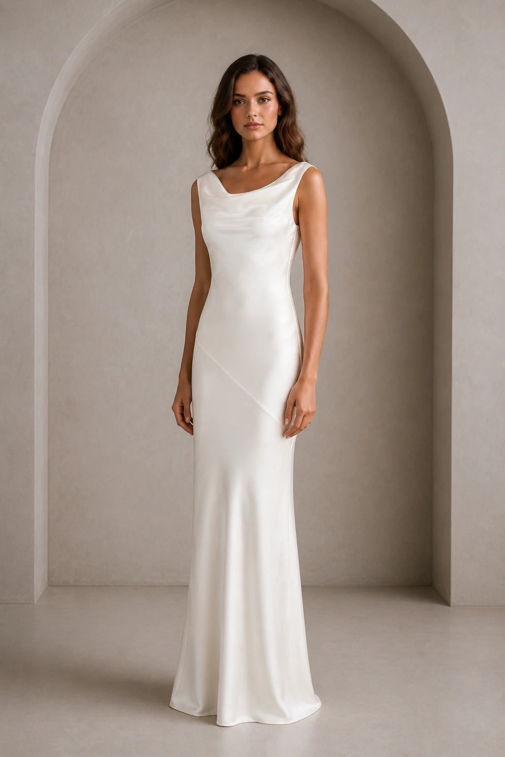 GraceProm ivory satin wedding guest dress with cowl neckline sleeveless sheath silhouette and floor length hem