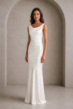 GraceProm ivory satin wedding guest dress with cowl neckline sleeveless sheath silhouette and floor length hem