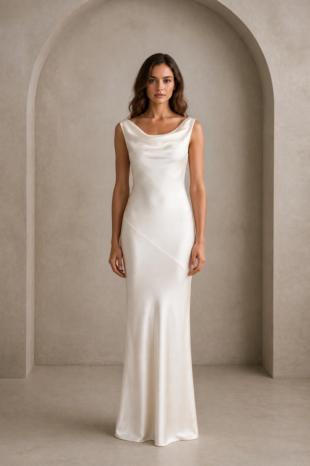 Refined Sheath Cowl Neck Sleeveless Draped Back Floor Length Wedding Guest Dress