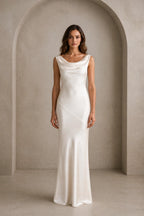 Refined Sheath Cowl Neck Sleeveless Draped Back Floor Length Wedding Guest Dress