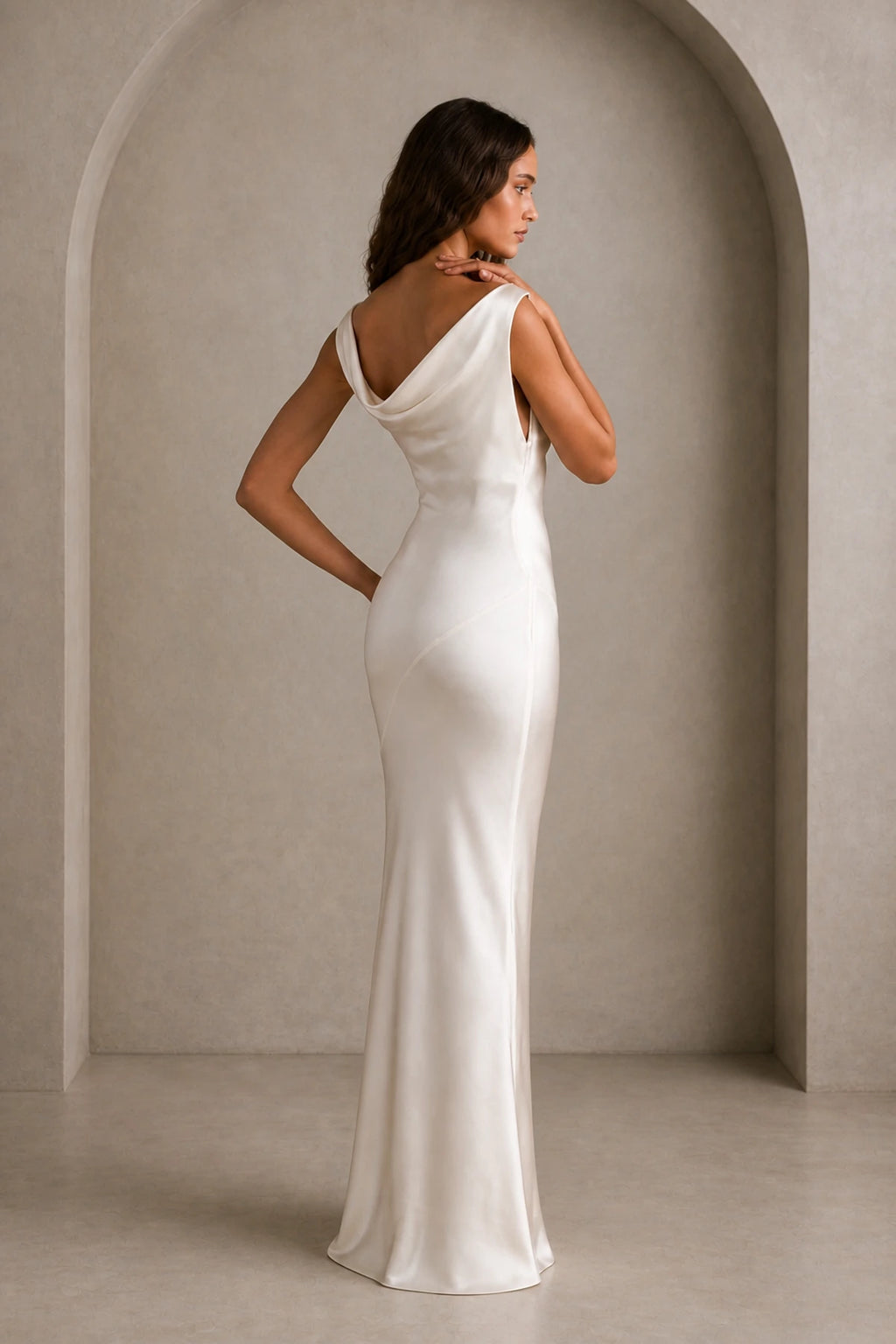 Refined Sheath Cowl Neck Sleeveless Draped Back Floor Length Wedding Guest Dress