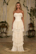 Ivory strapless tiered ruffle long wedding guest dress by GraceProm