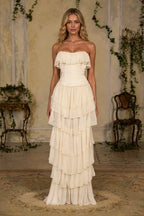 Ivory strapless tiered ruffle long wedding guest dress by GraceProm