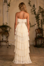 Ivory wedding guest dress with lace up back and layered ruffle skirt by GraceProm