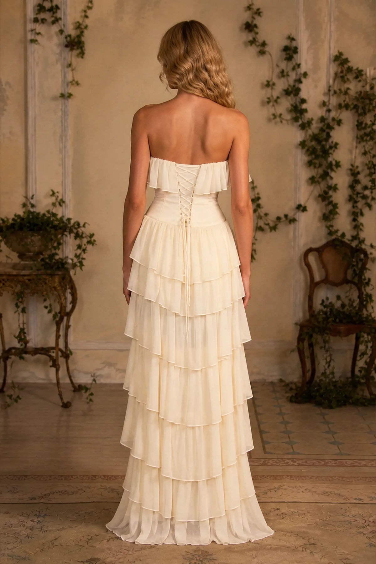 Ivory wedding guest dress with lace up back and layered ruffle skirt by GraceProm