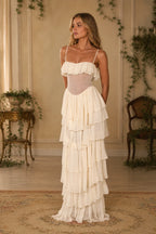 Romantic A Line Strapless Sleeveless Lace Up Back Long Wedding Guest Dress