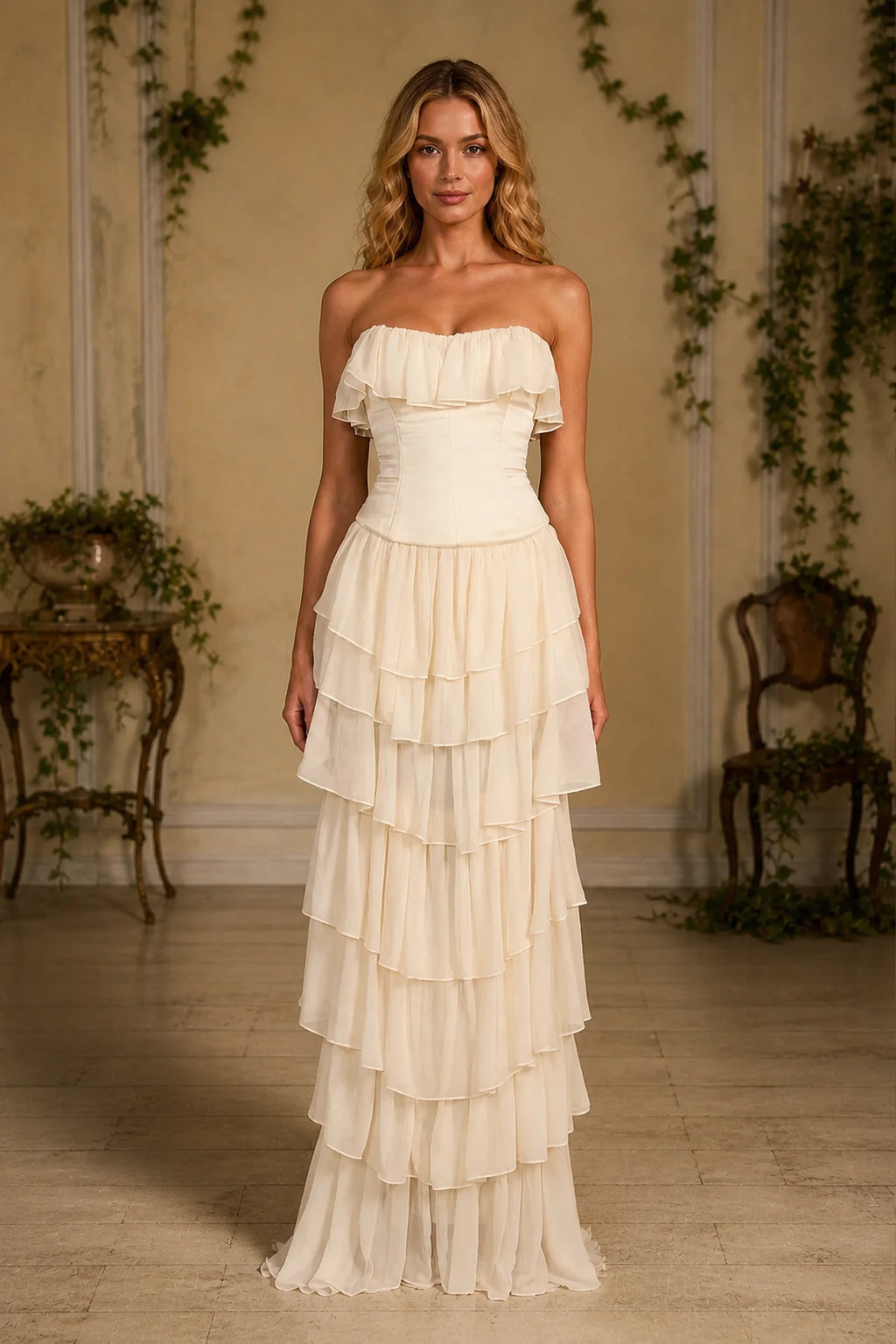 Romantic A Line Strapless Sleeveless Lace Up Back Long Wedding Guest Dress