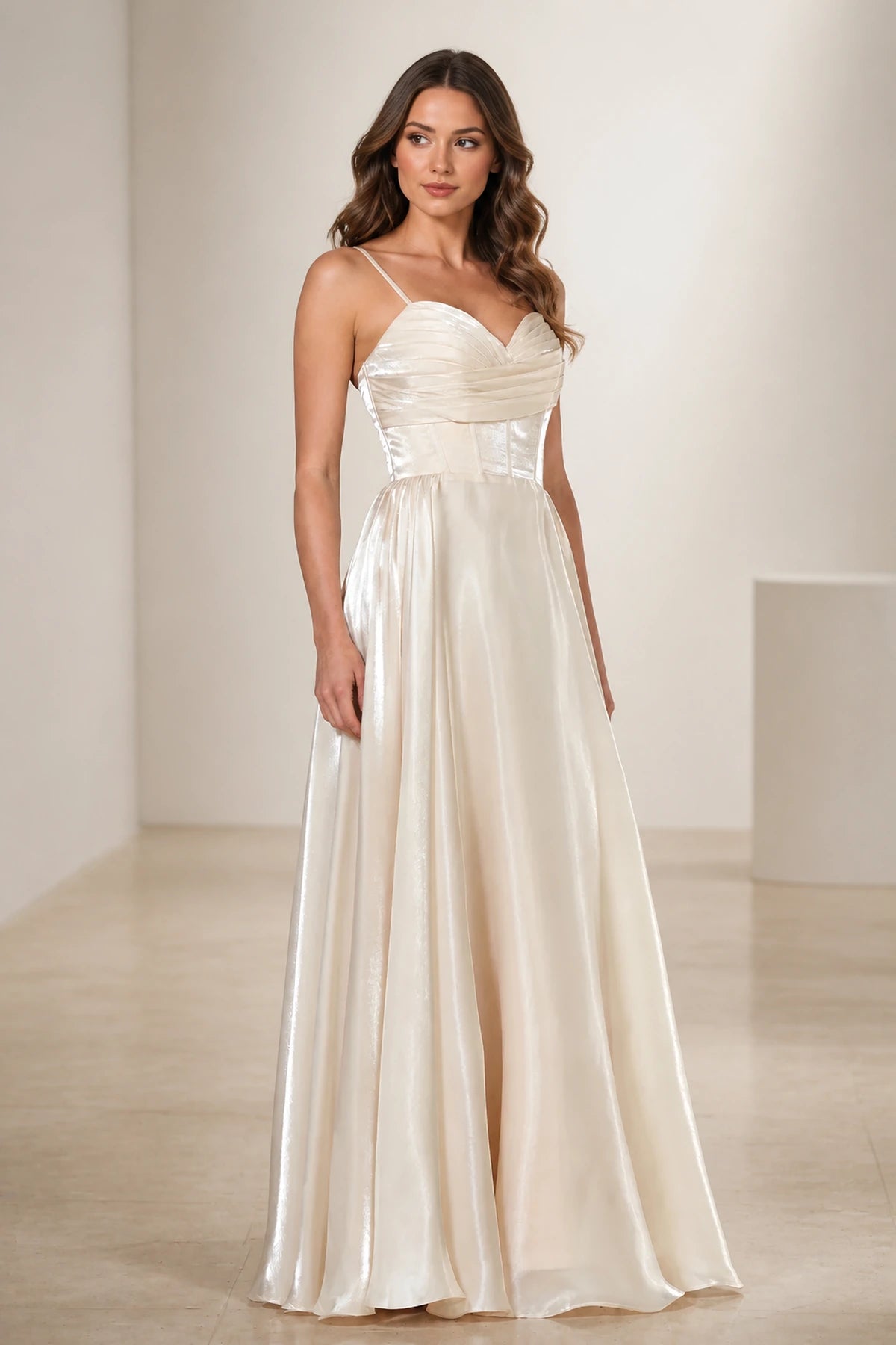 Ivory sweetheart spaghetti strap A-line floor length prom dress front view