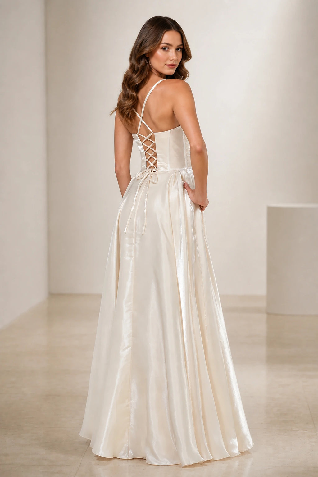 Ivory sweetheart spaghetti strap A-line floor length prom dress front view