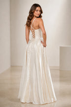 Ivory sweetheart spaghetti strap A-line floor length prom dress front view