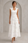 Ivory white 3D floral ruffle sleeve A-line ankle length wedding guest dress