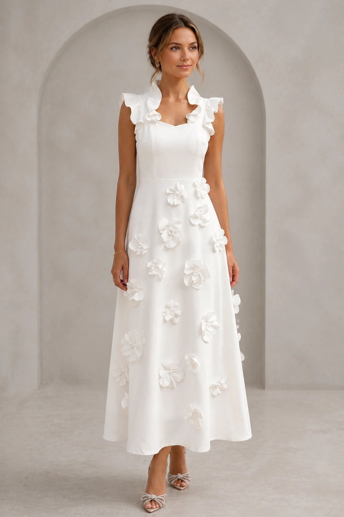 Ivory white 3D floral ruffle sleeve A-line ankle length wedding guest dress