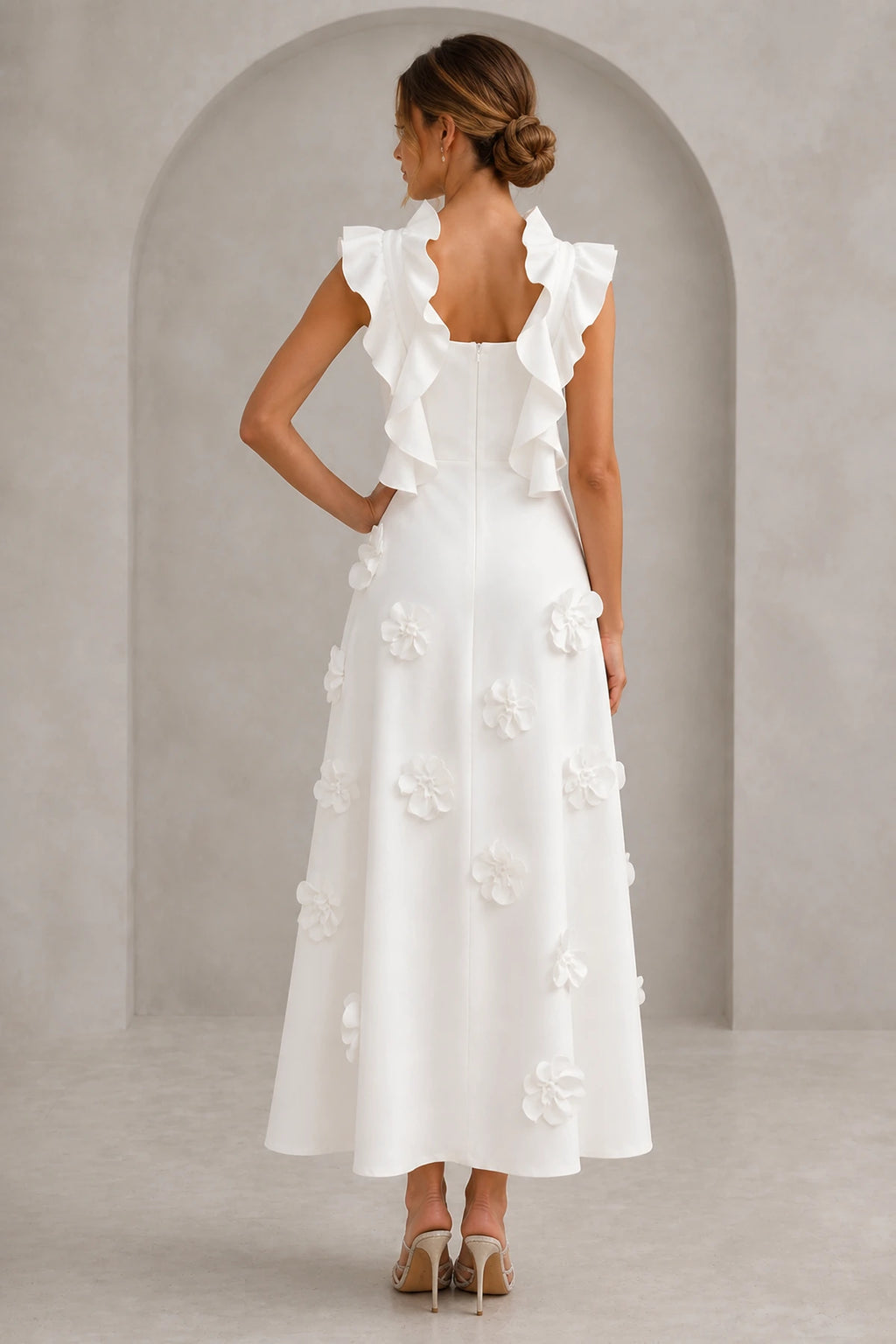Ivory white floral wedding guest dress with ruffle sleeves and zip back