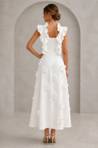 Ivory white floral wedding guest dress with ruffle sleeves and zip back