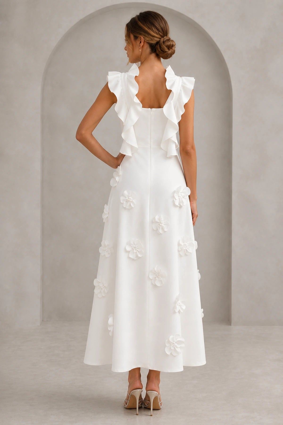 Ivory white floral wedding guest dress with ruffle sleeves and zip back