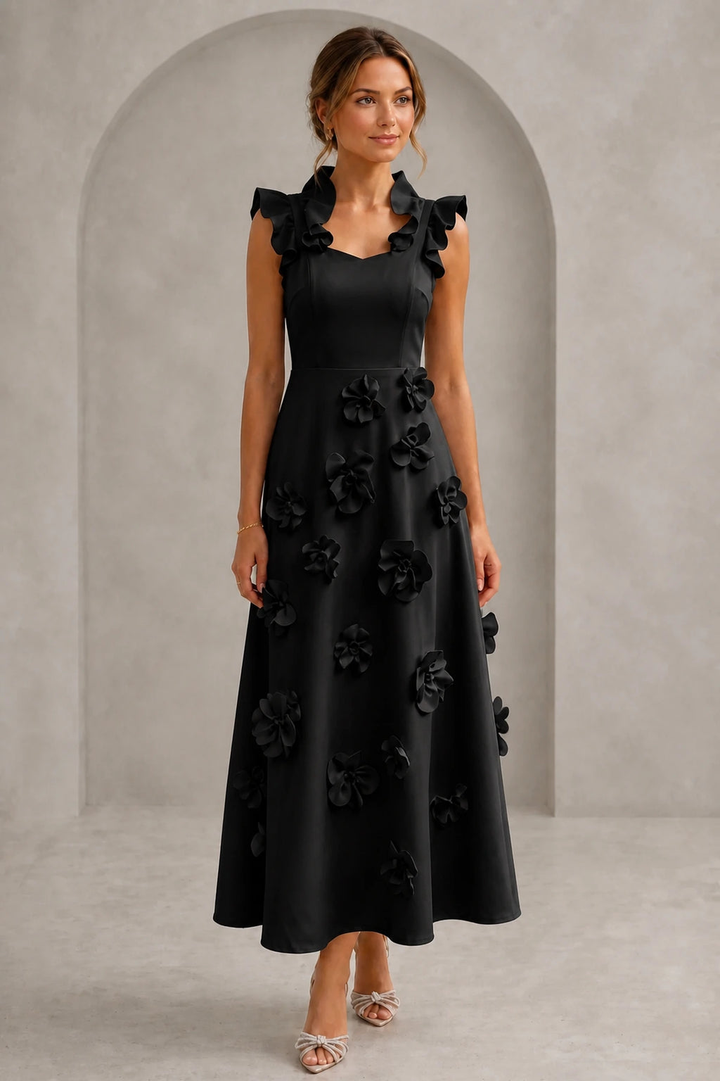 Refined A-Line Sweetheart Ruffle-Sleeve Zip-Back Ankle-Length Wedding Guest Dress