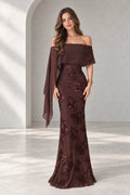 Graceprom brown lace and chiffon mermaid prom dress with floral beadwork, an off shoulder neckline and a long asymmetric cape panel.