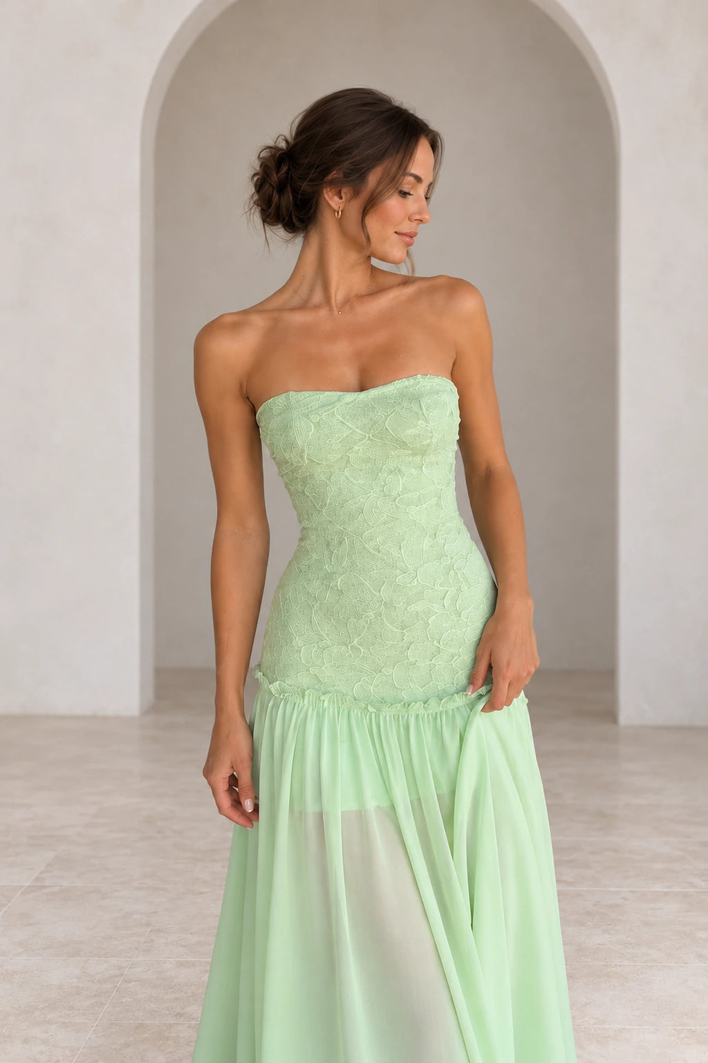 Romantic Lace Chiffon Fit and Flare Straight Neck Strapless Low Back Floor Length Prom Dress