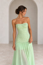 Romantic Lace Chiffon Fit and Flare Straight Neck Strapless Low Back Floor Length Prom Dress