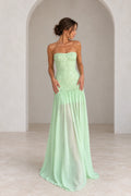 Mint green lace chiffon prom dress with straight strapless neckline, fitted floral lace bodice, drop waist and flowing floor length skirt by Graceprom