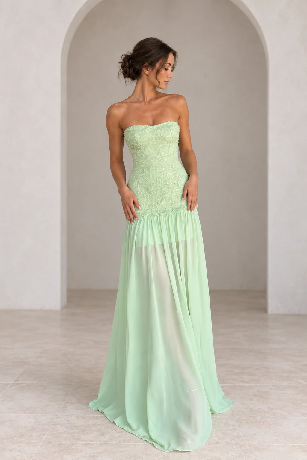 Romantic Lace Chiffon Fit and Flare Straight Neck Strapless Low Back Floor Length Prom Dress