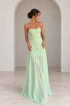 Romantic Lace Chiffon Fit and Flare Straight Neck Strapless Low Back Floor Length Prom Dress