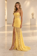 Front view of a yellow Graceprom lace prom dress with a sweetheart corset bodice, thin straps, short lining and high-slit sheer lace skirt.