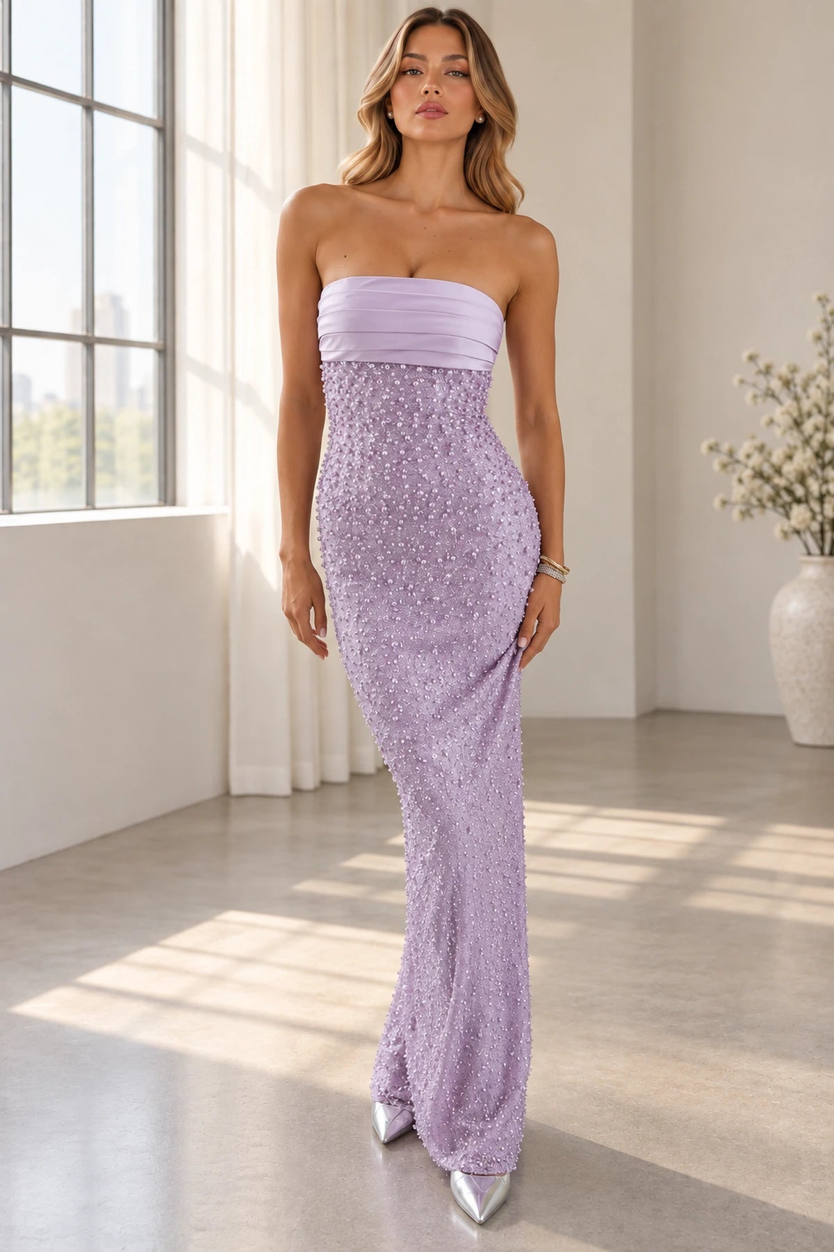 Elegant Column Strapless Sleeveless Lace Back Floor Length Prom Dress