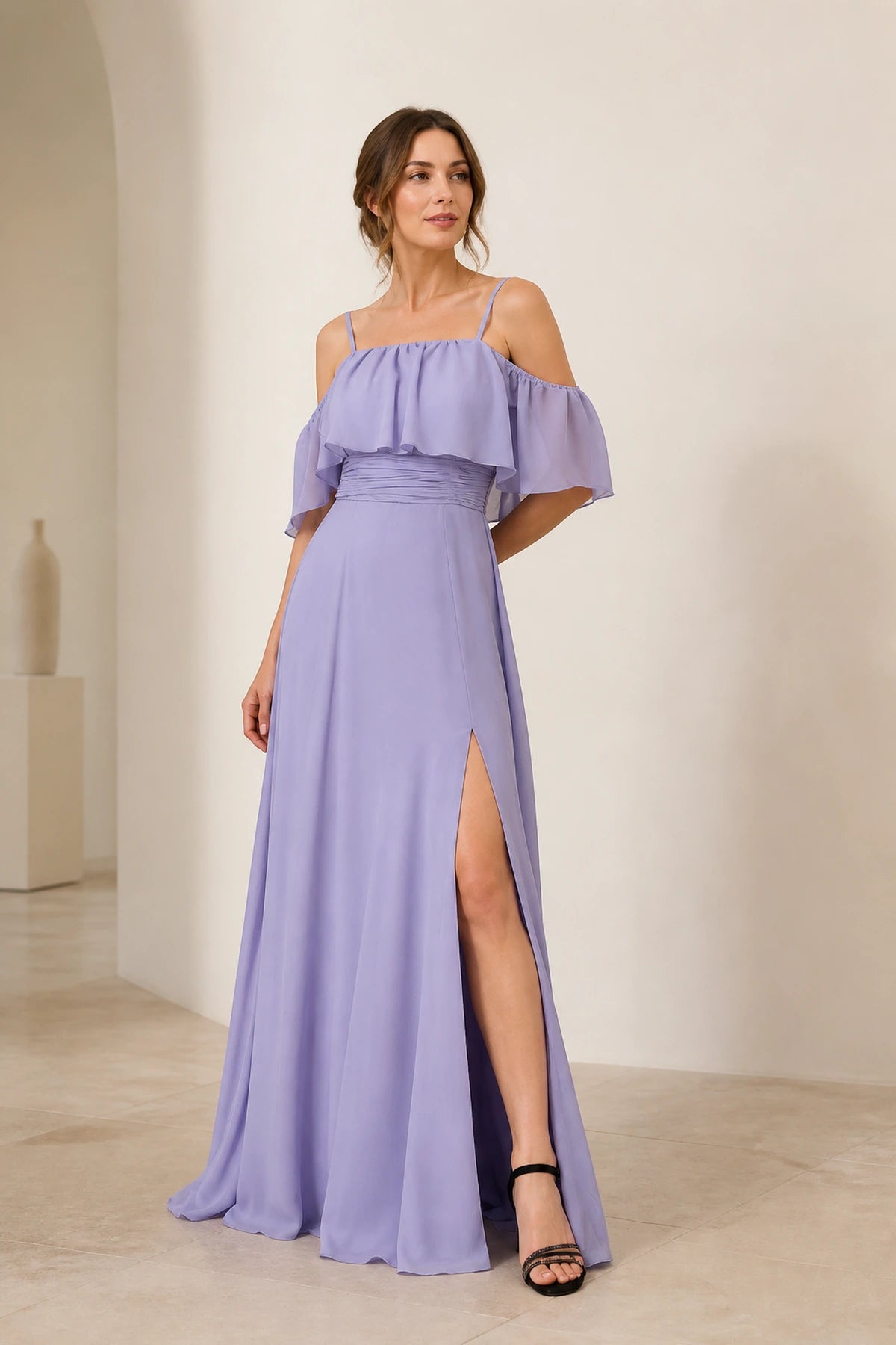 Lavender prom dress with straight neckline, cold-shoulder ruffle sleeves, ruched waist, side slit and floor-length A-line skirt, front and back view
