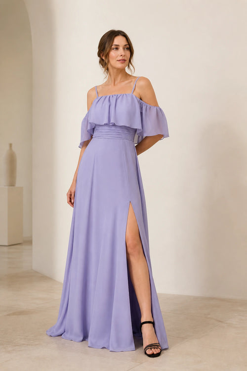 Lavender prom dress with straight neckline, cold-shoulder ruffle sleeves, ruched waist, side slit and floor-length A-line skirt, front and back view