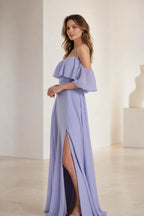 Lavender prom dress with straight neckline, cold-shoulder ruffle sleeves, ruched waist, side slit and floor-length A-line skirt, front and back view