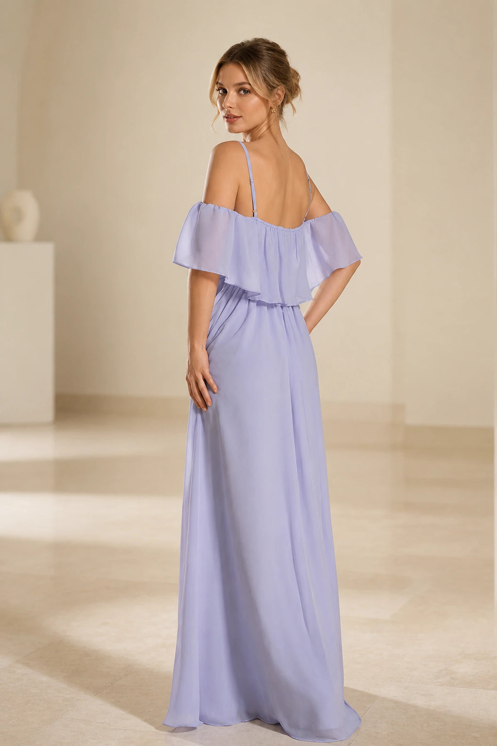 Romantic A Line Straight Neck Ruffle Sleeve Open Back Floor Length Prom Dress