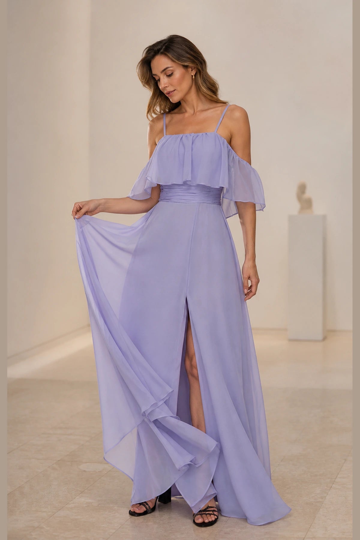Romantic A Line Straight Neck Ruffle Sleeve Open Back Floor Length Prom Dress