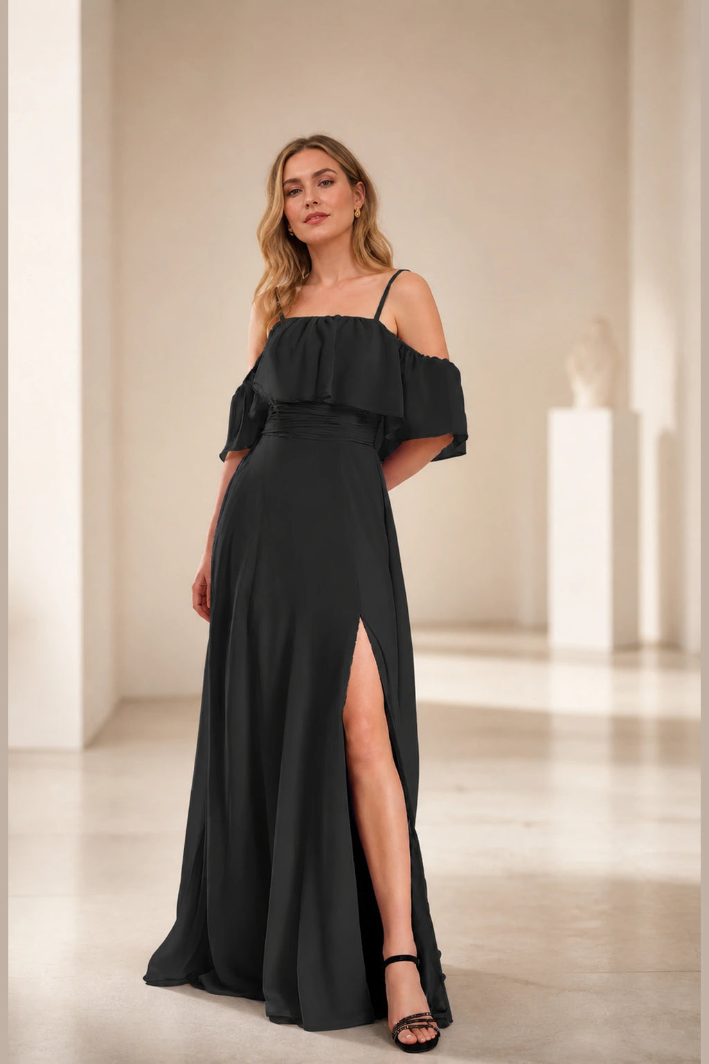 Romantic A Line Straight Neck Ruffle Sleeve Open Back Floor Length Prom Dress