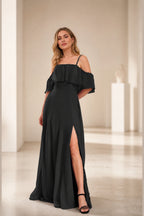 Romantic A Line Straight Neck Ruffle Sleeve Open Back Floor Length Prom Dress