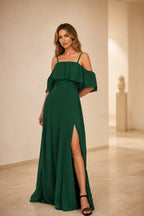 Romantic A Line Straight Neck Ruffle Sleeve Open Back Floor Length Prom Dress