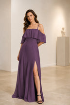 Romantic A Line Straight Neck Ruffle Sleeve Open Back Floor Length Prom Dress