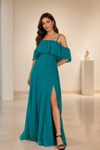 Romantic A Line Straight Neck Ruffle Sleeve Open Back Floor Length Prom Dress
