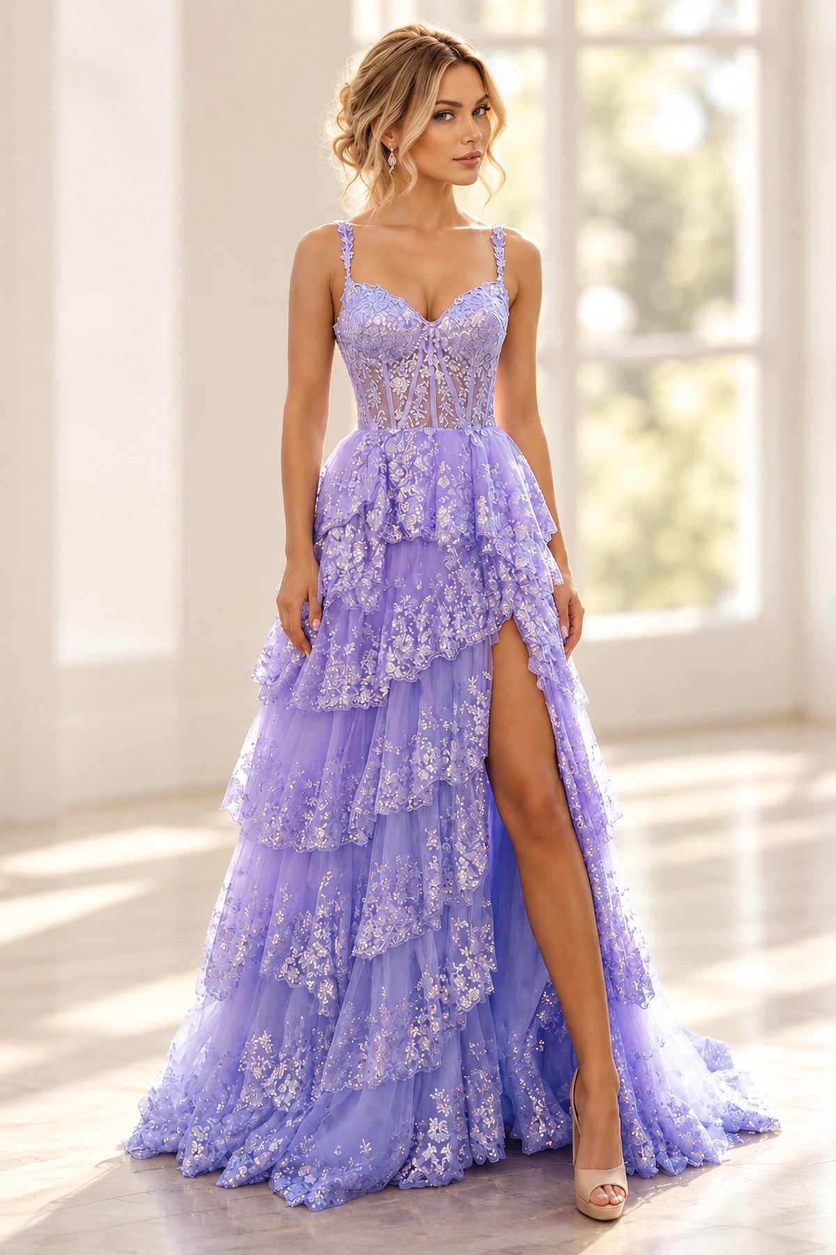 Lavender A-line prom dress featuring a sweetheart neckline, floral spaghetti straps, sheer embroidered corset, layered lace ruffles, and thigh-high slit by Graceprom.