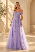 Lavender A line prom dress with sweetheart neckline off shoulder sleeves and floral lace