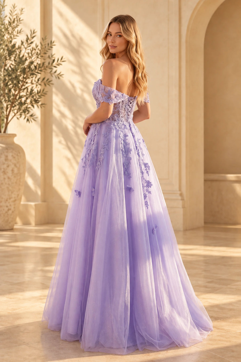 Lavender floral prom dress with lace up corset back and flowing tulle skirt