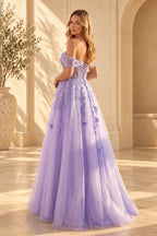 Lavender floral prom dress with lace up corset back and flowing tulle skirt