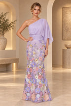 Lavender one-shoulder mother of the bride dress with cape sleeve ruched waist floral embroidered skirt and floor-length sheath silhouette