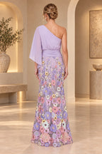 Back view of lavender mother of the bride dress with one-shoulder cape sleeve ruched waist floral embroidery and floor-length skirt