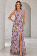 Lavender floral embroidered V-neck floor-length wedding guest dress with side slit